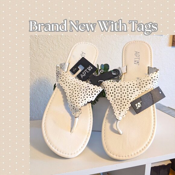 Apt 9, White Leather Eyelet Thong Sandals, Size 9 - 10 - Picture 1 of 4